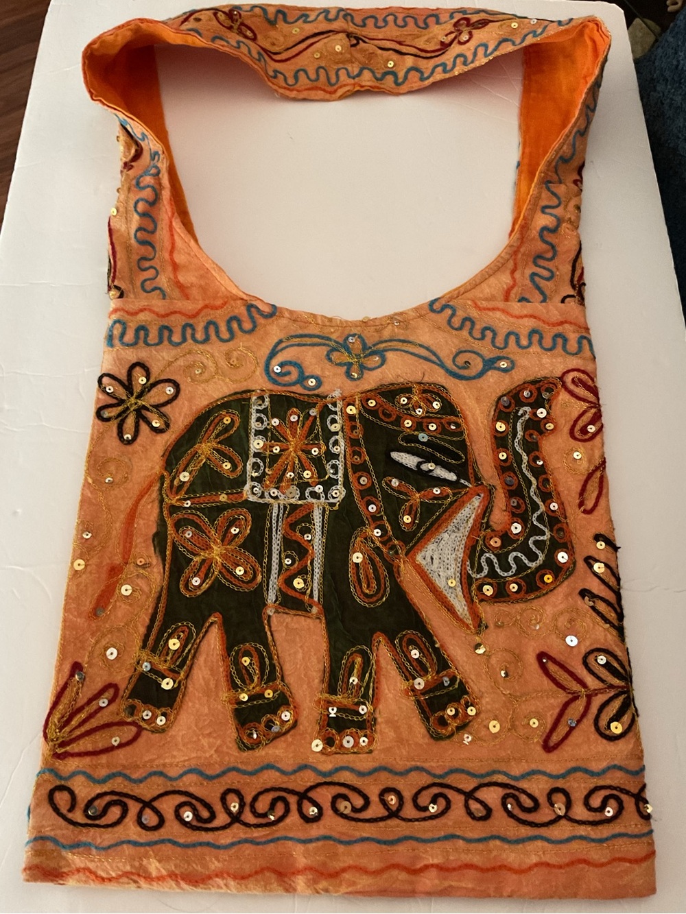 Soft Embroidered Elephant  BOHO Bag - Peach & Green.